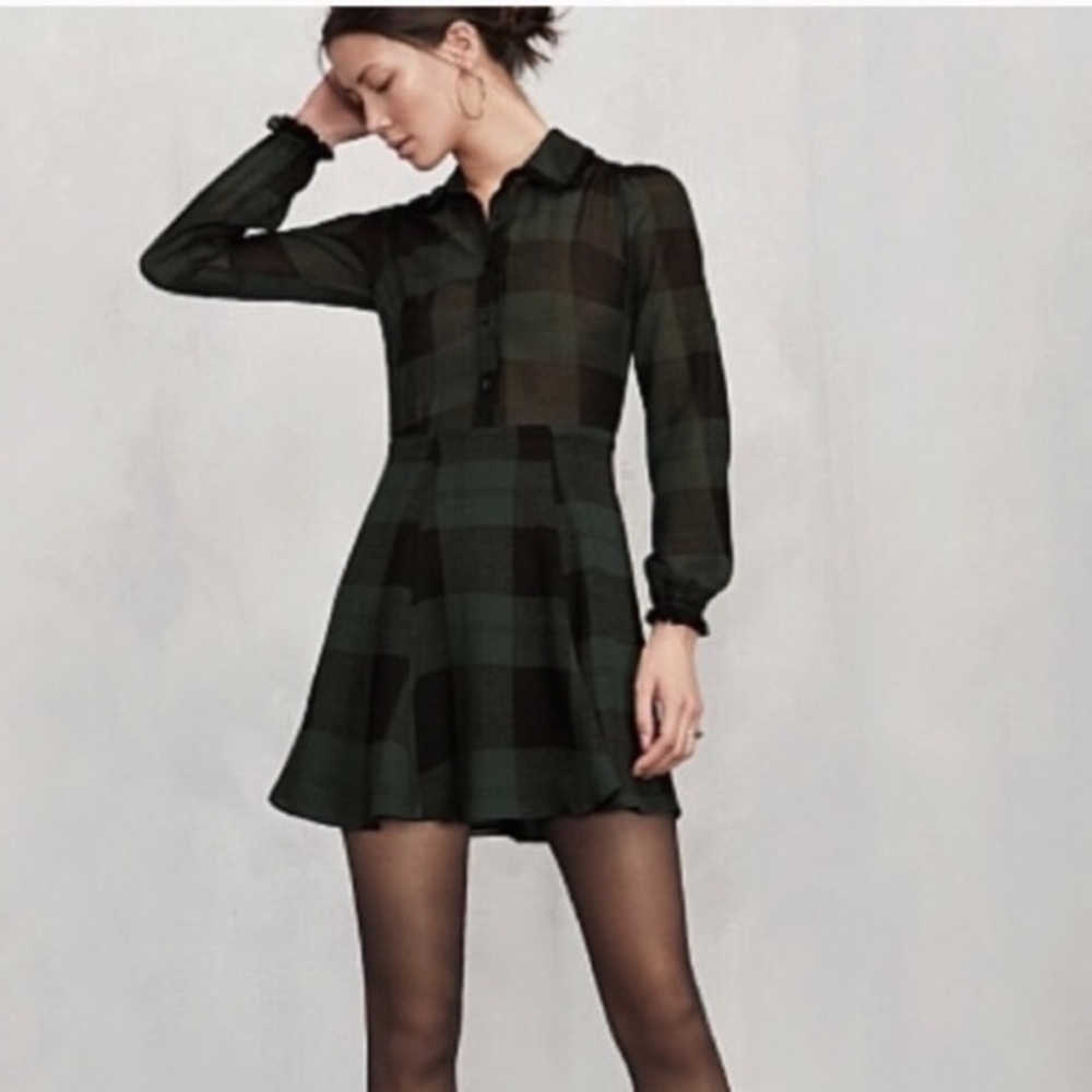 Reformation Amberly Green Plaid Long Sleeve Dress
